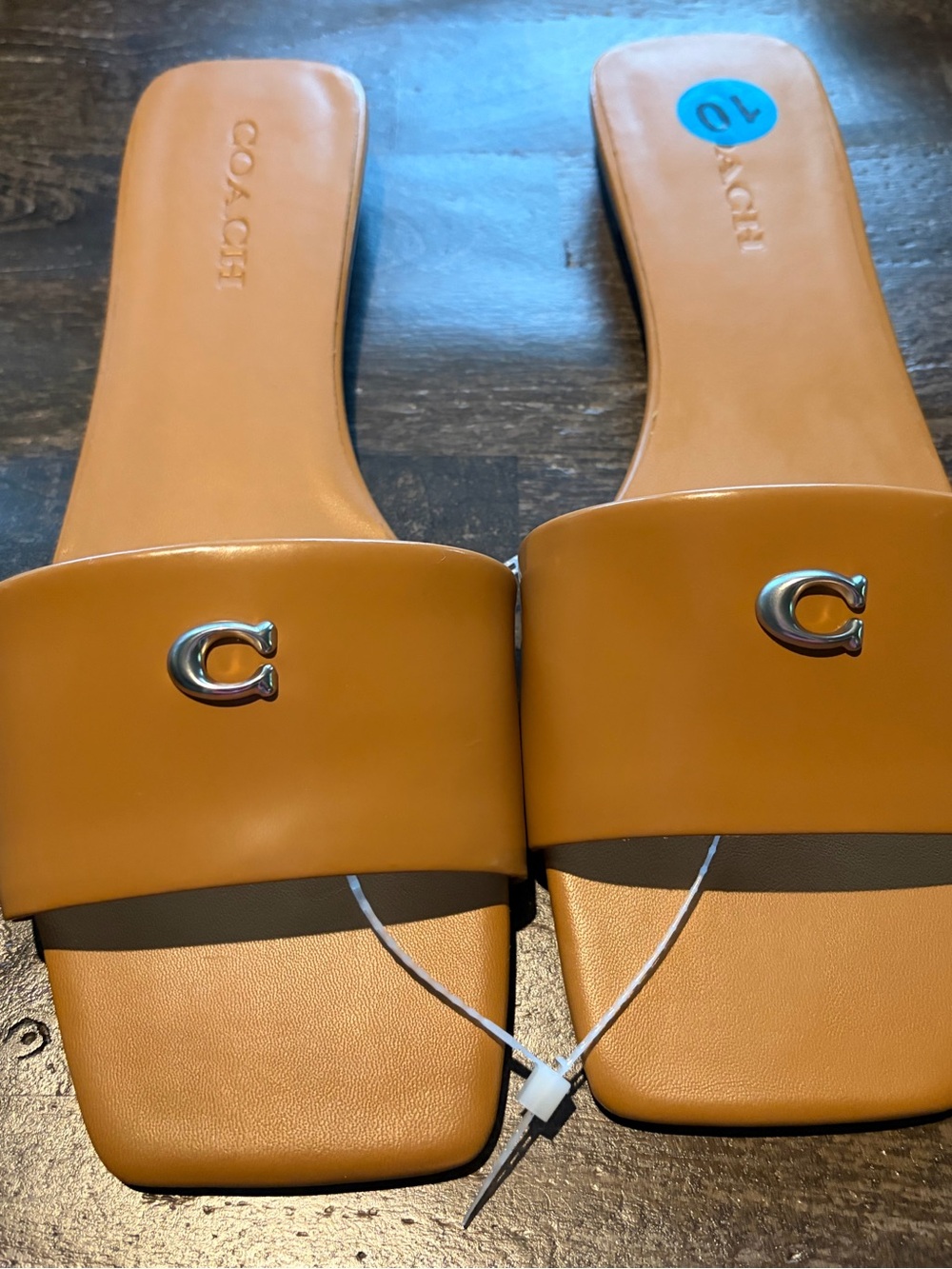 Coach Tan Leather Slide Sandals with Silver 'C' Accent - Picture 3 of 5